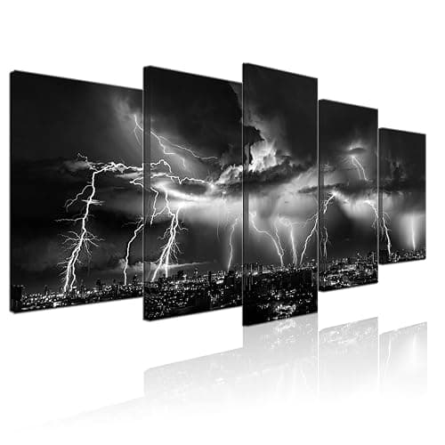 Biuteawal - Black and White Wall Art Nature Lightning Strikes in The Clouds Painting on Canvas Storm and City Night View Picture Print for Home Office Living Room Decoration Wall Decor - Image 1