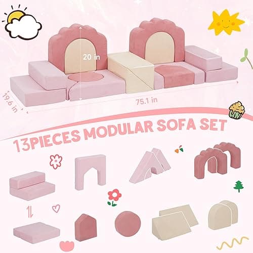 MOOZHEALTH 13 Pieces Foam Climbing Blocks for Toddlers 1-3|Floral Baby Soft Play Gym,Kids Indoor Crawing Climbers & Play Structures for Bedroom,Livingroom & Playroom,Pink & Beige - Pink+beige thumbnail 2