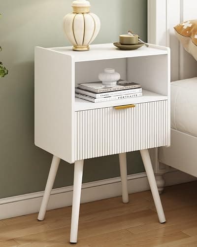 JOONEE White Nightstand,Modern Bedside Table with Storage Drawer and Open Wood Shelf, for Living Room, Bedroom and Small Spaces, Accent Night Stand with Solid Wood Legs, Easy Assembly,Classic White - Image 1