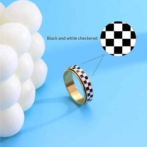 AmorArtSky Checkered Fidget Ring for Adults - 18K Gold Plated Stainless Steel Rotating Spinner Jewelry, Anxiety & Stress Relief Gift for Women/Men (Black and White Pattern) thumbnail 4
