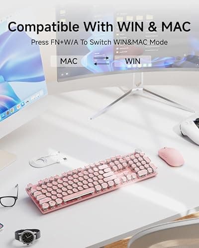 EWEADN Typewriter Style Mechanical Keyboard, Wired Typewriter Keyboards,104 Keys Backlit LED Metal Keyboards, Media Control Knob, Wired Computer Keyboard White Switch for Windows/Mac/PC-Dark Pink thumbnail 5