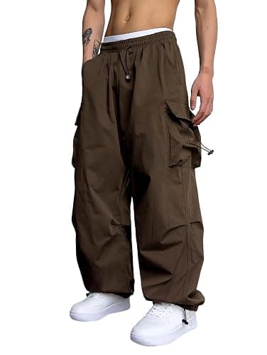 ZAFUL Flat Pocket Parachute Pants for Men Causal Baggy Cargo Pants Unisex Street Y2K Pants Drawstring Trouser - 1-deep Coffee - Medium - Image 1