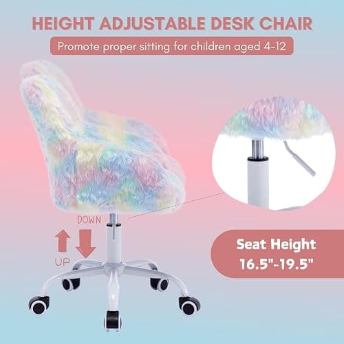 LukeAlon Kids Adjustable Desk Chair, Furry Study Chair with Swivel Base Cute Faux Fur Reading Chair Comfy Upholstered Computer Chair with Arms for Girls Children, Light Colorful thumbnail 4
