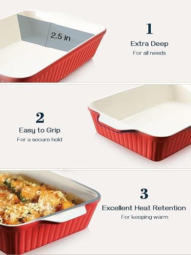 DOWAN 9x13-inch Deep Casserole Baking Dish for Lasagna, 135 oz Ceramic Pan with Handles, Oven Safe for Baking and Home Decor, Red thumbnail 4