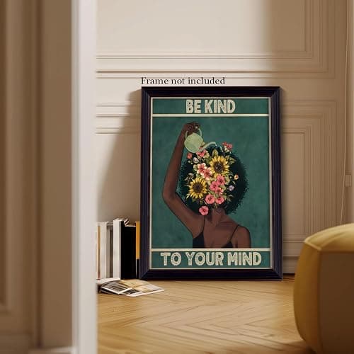 Be Kind To Your Mind Canvas Wall Art, Inspirational Quote Office Poster, Emerald Green Woman and Flowers Poster Print, Positive Affirmations Mental Health Wall Decor for Bedroom 12x16in Unframed thumbnail 3