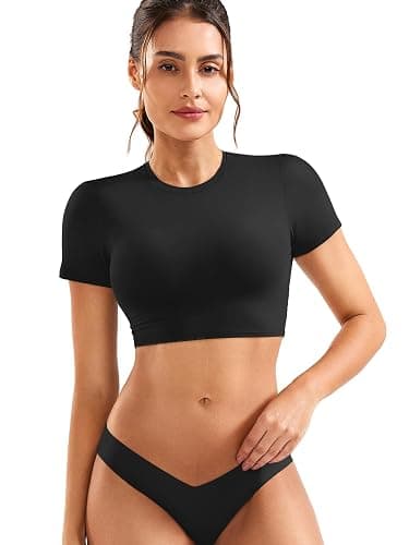 YEOREO Short Sleeve T Shirt for Women Double Lined Crop Top Crew Neck Workout Tee Colin Slim Fit Summer Basic Going Out Top - Image 1