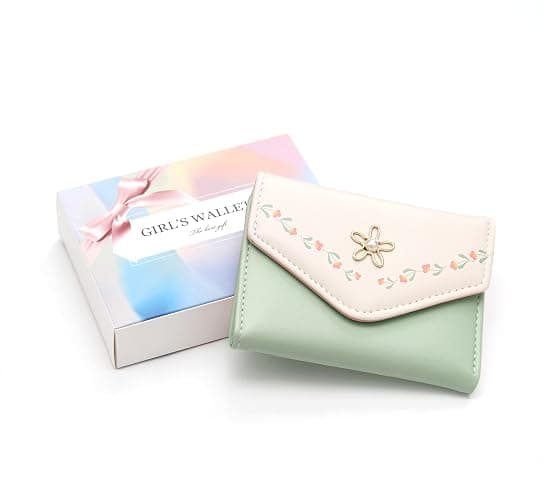kuifang Girls Cute flowers Print Wallet, Small Tri-folded Aesthetic Wallet, PU Leather Purse Cash Pocket Card Holder ID Window Purse for Women(Green) thumbnail 5