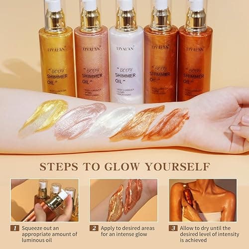 Liyalan Shimmer Body Oil 5 Color Gold 3.38 Fl Oz Face Glow Pearl Highlighter Illuminator Body Makeup Shine Glitter Gold Liquid Taning thumbnail 3