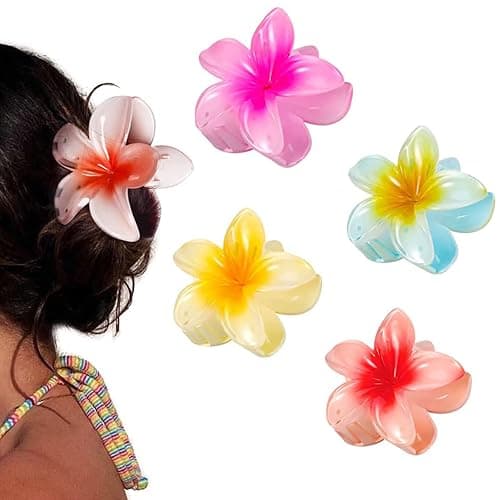 YIHECWY4 Pieces Plumeria Flower Hair Claw Clips Acrylic Hair Jaw Clips Hawaiian Hair Claw Clips for Medium Thick Hair Women and Girls Hawaii Hair Accessorie(4 colors) - Image 1