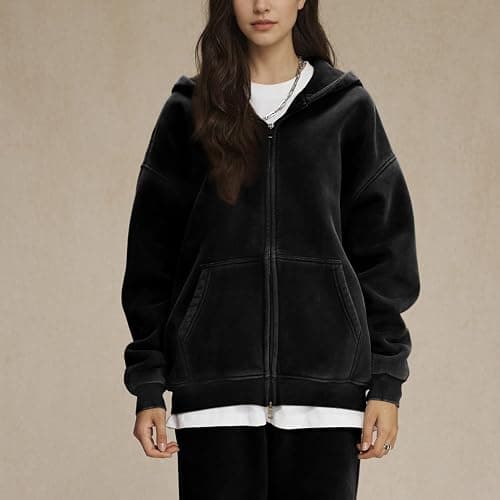 Talakeno Womens Double Zip Up Hoodies Oversized Heavyweight Fleece Sweatshirt Acid Wash Hoodie Vintage Distress Cotton Jacket thumbnail 4
