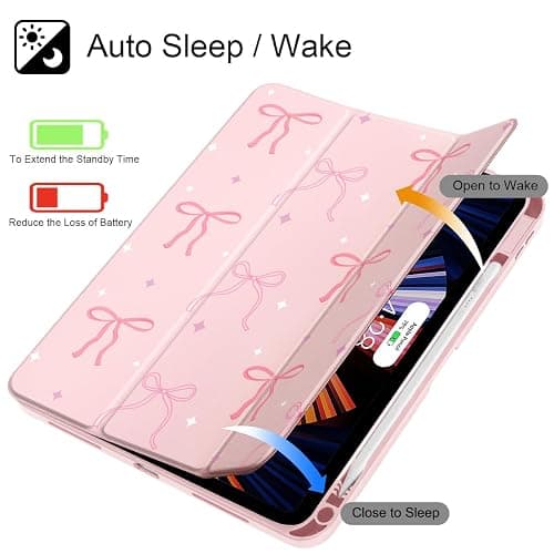 Tuiklol Case for iPad 11 inch (A16 Chip) 2025 11th Gen/iPad 10.9 inch 2022 10th Gen, Buit in Pencil Holder with Shockproof Cover Clear Transparent Back Shell Auto Wake/Sleep,Pink Bows thumbnail 2
