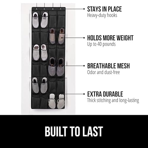 GORILLA GRIP Over the Door Shoe Organizer, 24 Large Breathable Mesh Pockets, Space Saving Hanging Storage Holder, Closet Rack Hanger Holds Up to 40 lbs, Hangs on Closets for Shoes, Accessories, Black thumbnail 3