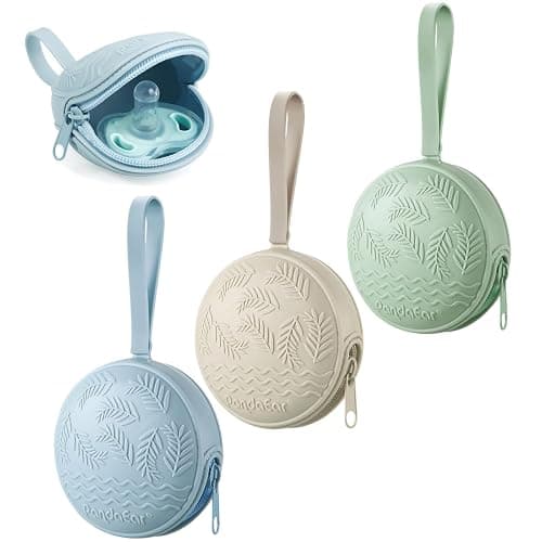 PandaEar 3 Pack Silicone Pacifier Holder Case, Portable Travel Pacifier Pouch for Newborns, BPA-Free Silicone Pacifier Storage Container for Boys & Girls (Green, Blue, Cream) - Image 1