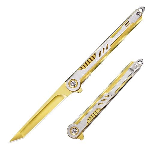 FUNBRO Cool Pocket Knife Gifts for Men, EDC Tanto Blade Folding Knives with Clip, Flipper Open Survival Knife with Window Breaker and Liner Lock for Outdoor Camping (Gold) - Image 1