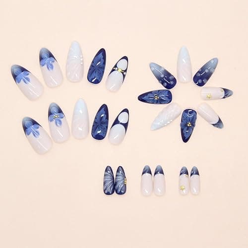 24Pcs Blue Flower Press on Nails Medium Almond French Tip Fake Nails with 3D Gold Starfish Pearls Designs Lily Flowers False Nails Blue Gradient Full Cover Cute Floral Acrylic Stick on Nails for Women thumbnail 5
