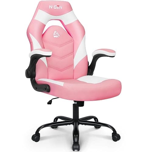 N-GEN Video Gaming Chair Ergonomic Computer Desk Office Chair with Lumbar Support Adjustable Height Swivel Wheels Flip-Up Arms PU Leather Home and Office (Pink) - Image 1