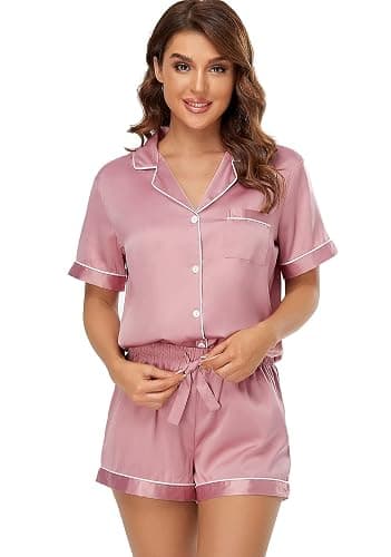 Serenedelicacy Women's Satin Pajama Set 2-Piece Sleepwear Loungewear Button Down Short Sleeve Silky PJ Set thumbnail 5
