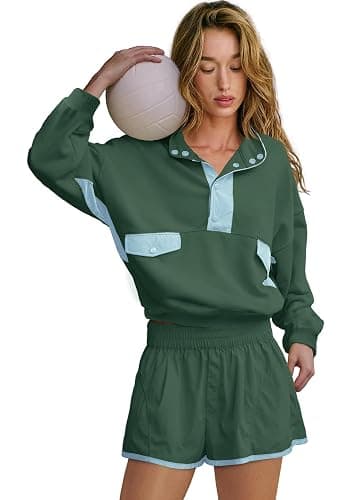 LAMISSCHE Work out Sets Gym for Women Sweatsuits 2 Piece Set Long Sleeve Top & Shorts Active Wear Sets with Pockets thumbnail 2