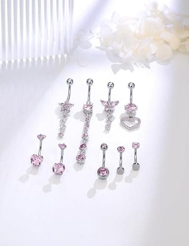 Gnznzko 14G Belly Button Ring Piercing Surgical Steel Clear Pink CZ Dangling Floating Navel Rings 10MM Length Hypoallergenic Heart Flower Butterfly Belly Piercing Jewelry for Women Men Silver Gold thumbnail 5