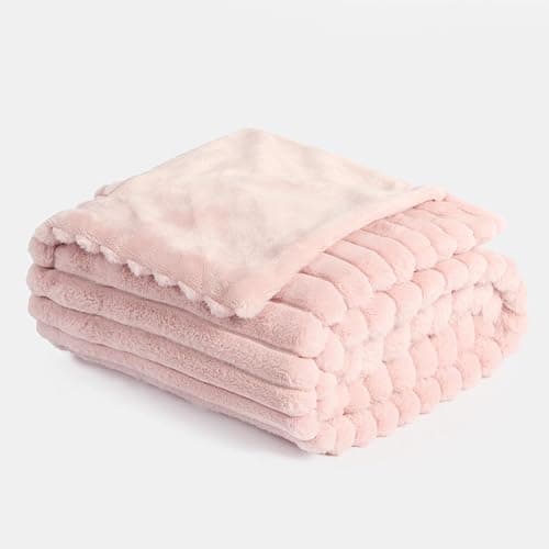 OHS Faux Fur Ribbed Pink Throw, Winter Warm Thick Blanket for Bed Sofas Fleece Throws for Home Decorative Comfy Super Soft Couch Cover Throw, 125 x 150cm - Blush thumbnail 9