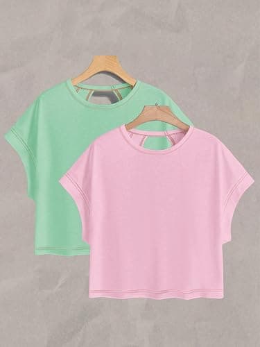 RoseSeek Women's 2 Packs Open Back Tops Crewneck Short Sleeve Backless Tee | Cut Out, Criss Cross, Summer Casual T Shirt thumbnail 4
