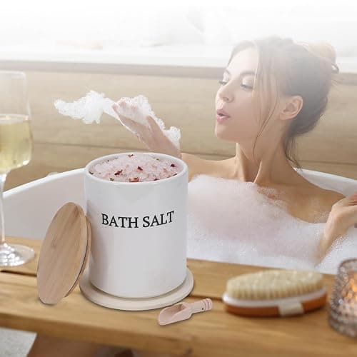 Qinpufu 64 oz Bath Salt Jar Set, Ceramic Bath Salt Container with Scoop & Mat, Epsom Salt Storage with Airtight Wooden Lid, Modern Minimalist Bathtub Accessories for Women Bathtub Decor, White thumbnail 5