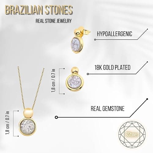 BStones - Brazilian Designed Gold Plated Earrings and Necklace with natural gemstone - Comfy Hypoallergenic Statement Jewelry set for Women 0.7 inch (1,8 cm) Made in Brazil thumbnail 5