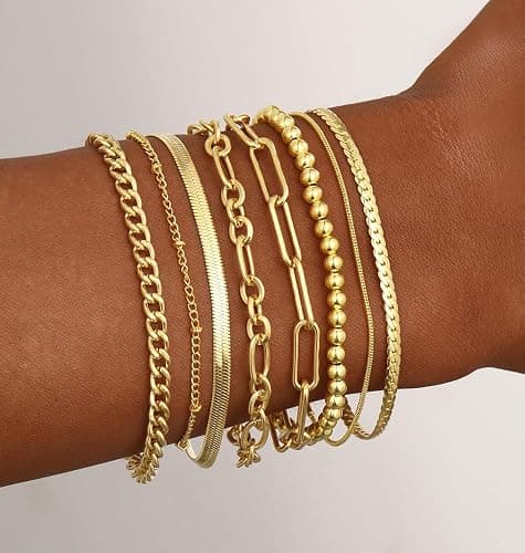 Gold Bracelets for Women, 14K Gold Plated Dainty Bracelets Set, Layered Chain Bracelets Pack Jewelry - Image 1