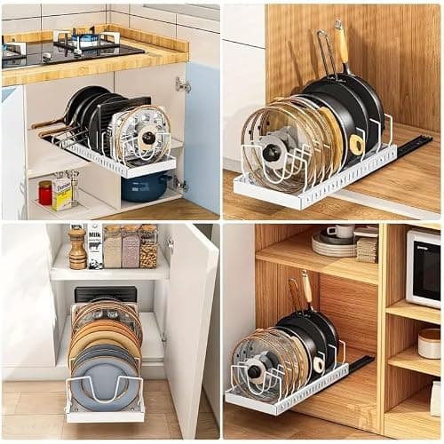 2 Pack Pull Out Pots and Pans Organizer Rack for Cabinet and Countertop, Pull Out Cabinet Organizer with 8 Adjustable Dividers, Kitchen Storage for Pot Lid, Dishes, Bakeware, Pots and Pans, White thumbnail 9