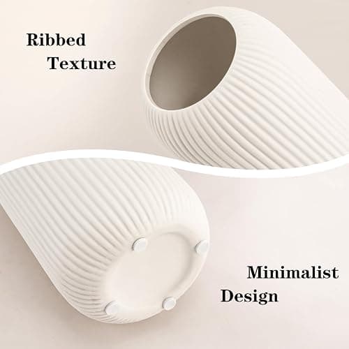 Ceramic Vase for Flowers – Modern Small Ribbed Textured Flower Vase for Home Decor, Pampas Grass, Decorative, Farmhouse, Coffee Table, Kitchen Centerpieces, Bookshelf and Home Living (White) thumbnail 5