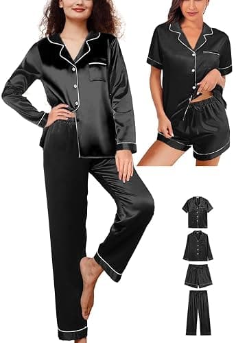 WJing Yi Jia 4Pcs Womens Silk Satin Pajama Sets Floral Pajamas Silky Pj Sets XS-2XL Button Down Pjs Set Loungewear Sleepwear thumbnail 6