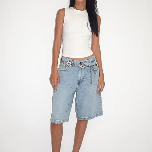 NUFIWI Women Baggy Denim Bermuda Shorts Y2k Vintage Straight Leg Denim Shorts Casual Knee Length Jean Jorts with Pockets thumbnail 2