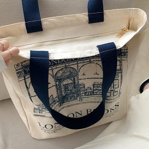 Lefe Liee canvas tote bag for women, book tote bag aesthetic with zipper, cute small book tote, Portable Washable for Women Grocery Shopping Gift Bag for Birthday Teachers' Day thumbnail 5