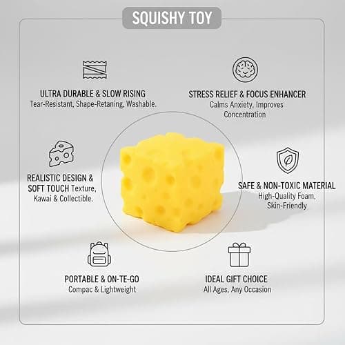 Kawaii Cheese Squishy Toy Slow Rising Stress Relief Fidget Toy Giant Jumbo Yellow Squeeze Ball Sensory Toys Soft Novelty Food Squishies Anxiety Relief for Help Adults Relax Focus (4.33in/11cm) thumbnail 6