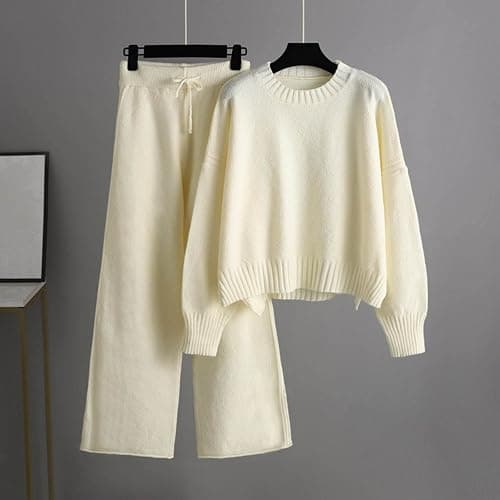 PAIDAXING Womens Oversized Knit Lounge Wear Sets 2 Piece Outfits Crew Neck Long Sleeve Sweater Tops with Wide Leg Drawstring Pants Cosy Knitwear Homewear Co Ord Sets for Women Elegant Tracksuit thumbnail 2