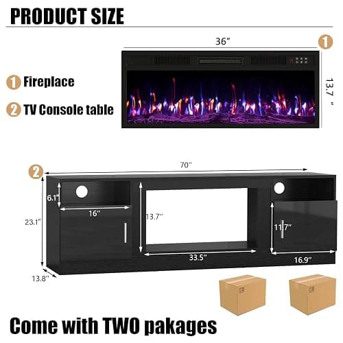 VITESSE Fireplace with TV Stand 36" inch Electric Fireplace Up to 80" TVs, LED Light Entertainment Center, 70" Modern Wood High Gloss with Highlight Storage Cabinet for Living Room (Black) thumbnail 2