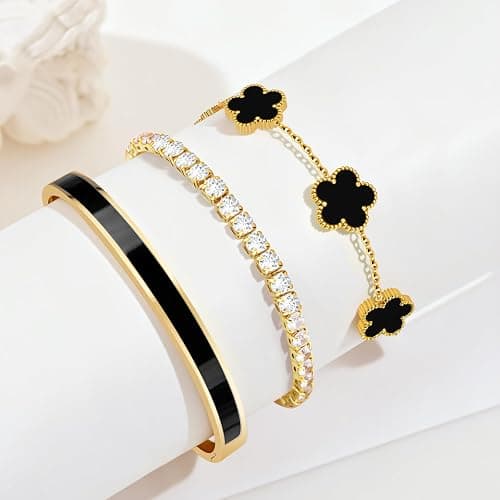 MOINSPIRE Gold Bracelets for Women, 18K Gold Plated Tennis Nail Clover love Bangle Bracelets Set Non Tarnish, Stainless Steel Trendy Stackable Bracelet Fashion Jewelry Accessories Gifts for Women thumbnail 8