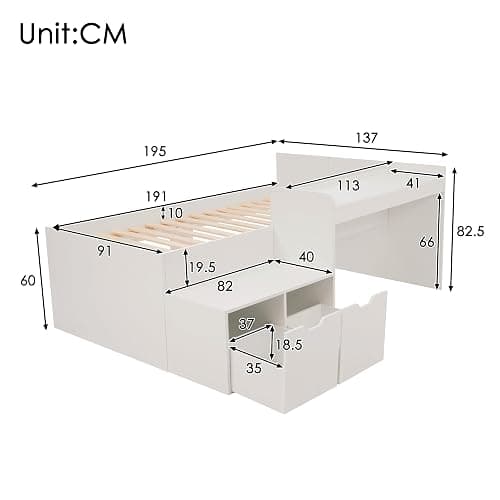 Merax Bunk Beds, Kids Single Wooden Storage Bed with Desk and Drawers, with Slatted Frame, Lying Surface for Teenagers & Adults, White, 90 x190 cm thumbnail 2