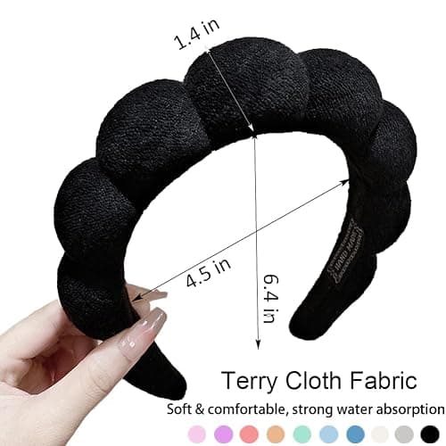 AOENJIE Spa Headbands for Washing Face or Makeup, Sponge Bubble Skincare Headbands, Puffy Terry Cloth Hairband for Women, Skin Care Makeup Headwear Hair Accessories for Girls(Black) thumbnail 2