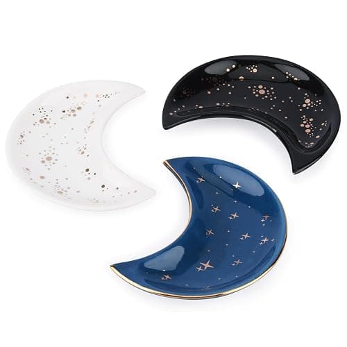 Moon Shape Jewelry Tray, 3pcs/Set Ceramic Moon Decorative Trinket Dish, Organizing Necklace Earrings Keys Jewelry Plate, for Vanity Bathroom Engagement Ring(3 Colors) - Image 1
