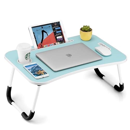 FISYOD Foldable Laptop Table, Portable Lap Desk Bed | Table Tray, Laptop Stand with Cup Holder & Tablet Slot & Lifting Handle for Working Writing Drawing & Eating (Blue) - Image 1