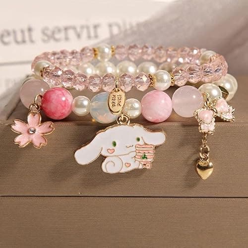 Kawaii Bracelets Crystal Beads Cinnamoroll Bracelet Set Cute Cartoon Elastic Beaded Bow Pearl Bracelets Anime Jewelry Christmas Stocking Stuffers for Women Bff Friendship (White) thumbnail 6