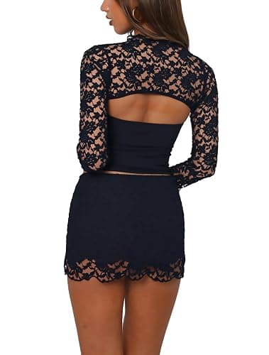 FWBBG Womens Sexy 2 Piece Mini Skirt Set Long Sleeve Lace Cutout Top Double Lace Mini Bodycon Skirt Y2K Going Out Outfits thumbnail 3