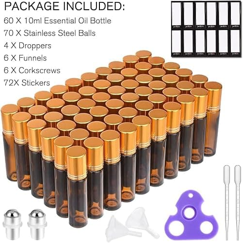 PrettyCare 60 Pack, 10 ml Essential Oil Roller Bottles with Stainless Steel Roller Ball - Bulk Refillable Leak-proof Empty Thick Amber Glass Roll on Bottles with Metal Caps for Travel, Perfume thumbnail 6