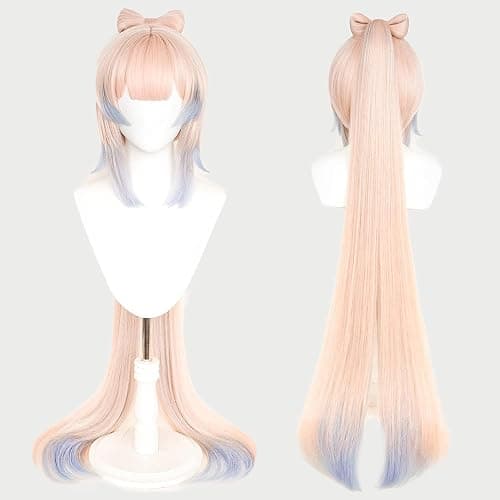 maysuwell Anime Pink Mixed Blue Wigs with Bangs Long Straight Hair with Ponytail Pre-made Bows Game Character Cosplay Wig Halloween,Christmas,Comic con,Game Show thumbnail 8