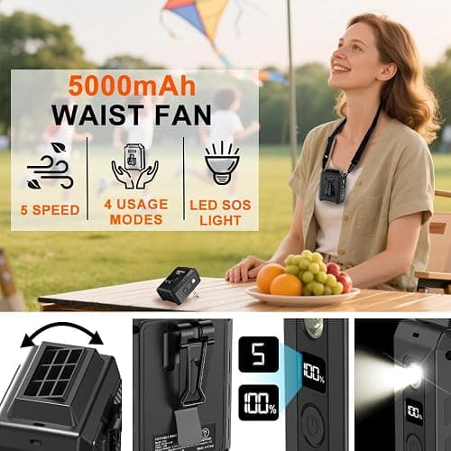 CAZOKASI Personal Waist Clip Fan Rechargeable Wearable Hand Free Wearable Cooler Fan for Traveling Working Outdoor Office (5000mAh / Black) thumbnail 6