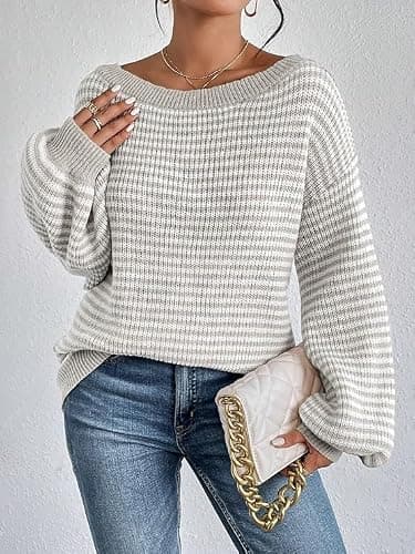 Women's Oversized Striped Sweater Casual Off The Shoulder Sweater Fall Long Sleeve Loose Knit Pullover Jumper Tops thumbnail 3