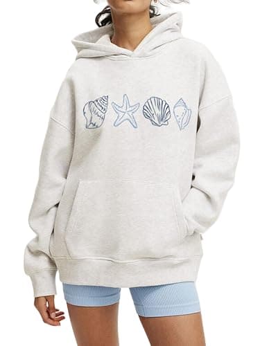 Women Y2k Graphic Hoodies Floral Print Oversized Long Sleeve Pullover Sweatshirt Teen Girl Vintage Sweatshirt - Shell Grey - Small - Image 1