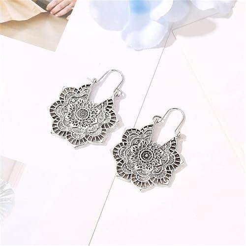 Boho Antique Carved Flower Dangle Drop Earrings for Women Vintage Retro Handmade Hollowed Antiqued Bronze Floral Shaped Geometric Gold Silver Plated Hoop Earrings for Ethnic Style Jewelry Gifts thumbnail 3