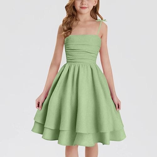 duxyoz Girl's Summer Dresses Spaghetti Strap Swing Pleated Cotton Dress Tween Kids Flowy Front Ruched Boho Beach Casual Midi Sundress for Princess Birthday Party Wedding Prom Gown thumbnail 2